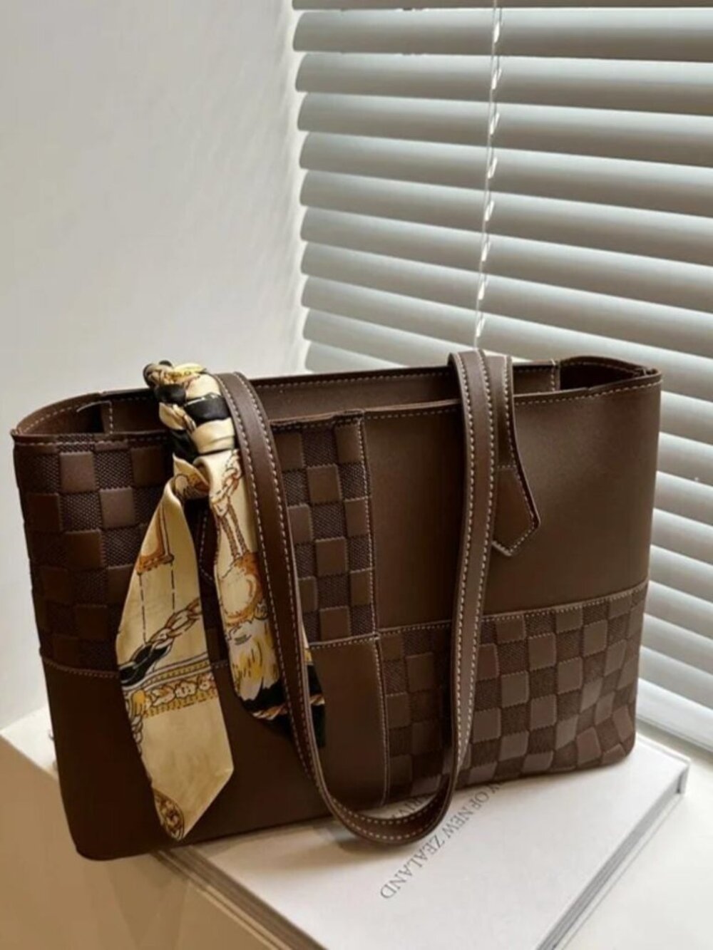 Shoulder Bag With Ribbon Fashion Plaid Pattern Tote Bag Popular PU Leather.